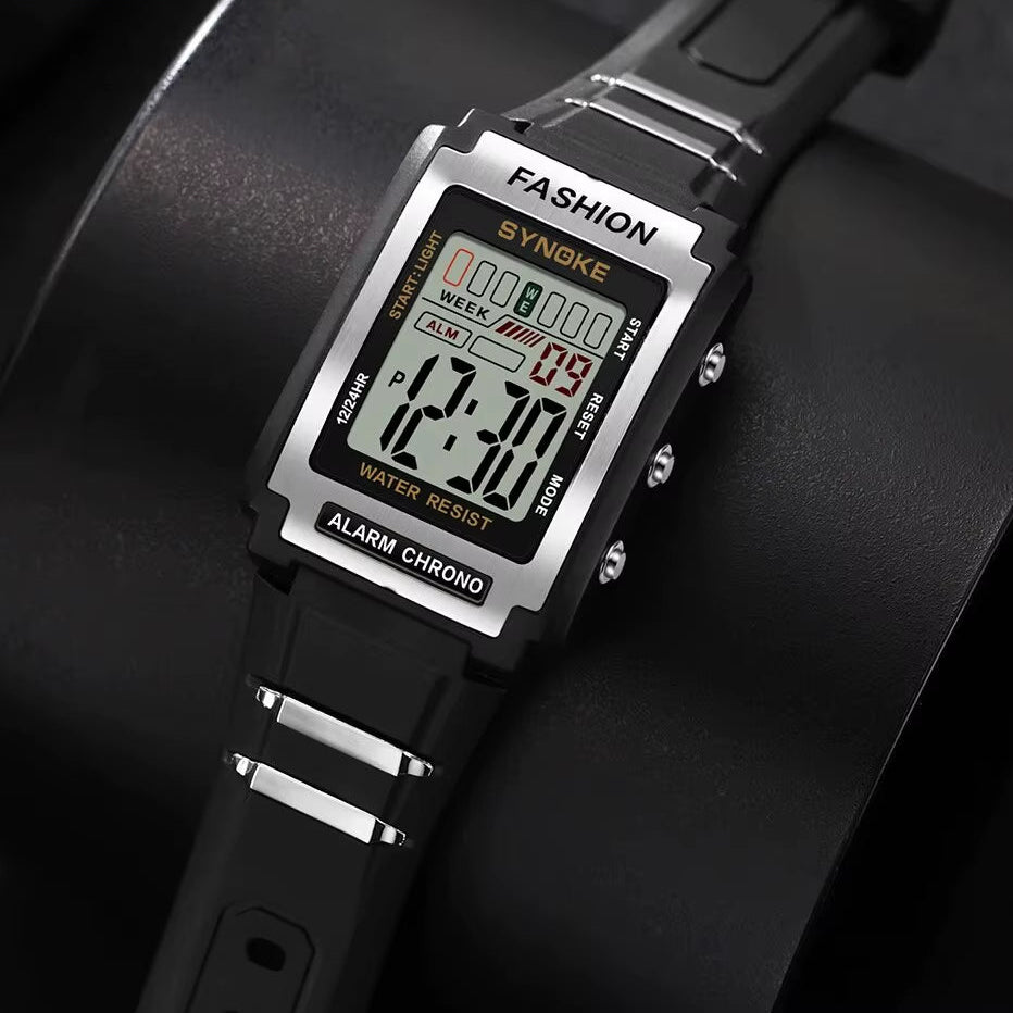 Men Rectangular Sports Electronic Watch Waterproof 50M Night Light Large Screen Alarm Clock Trend Retro Style