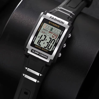 Men Rectangular Sports Electronic Watch Waterproof 50M Night Light Large Screen Alarm Clock Trend Retro Style