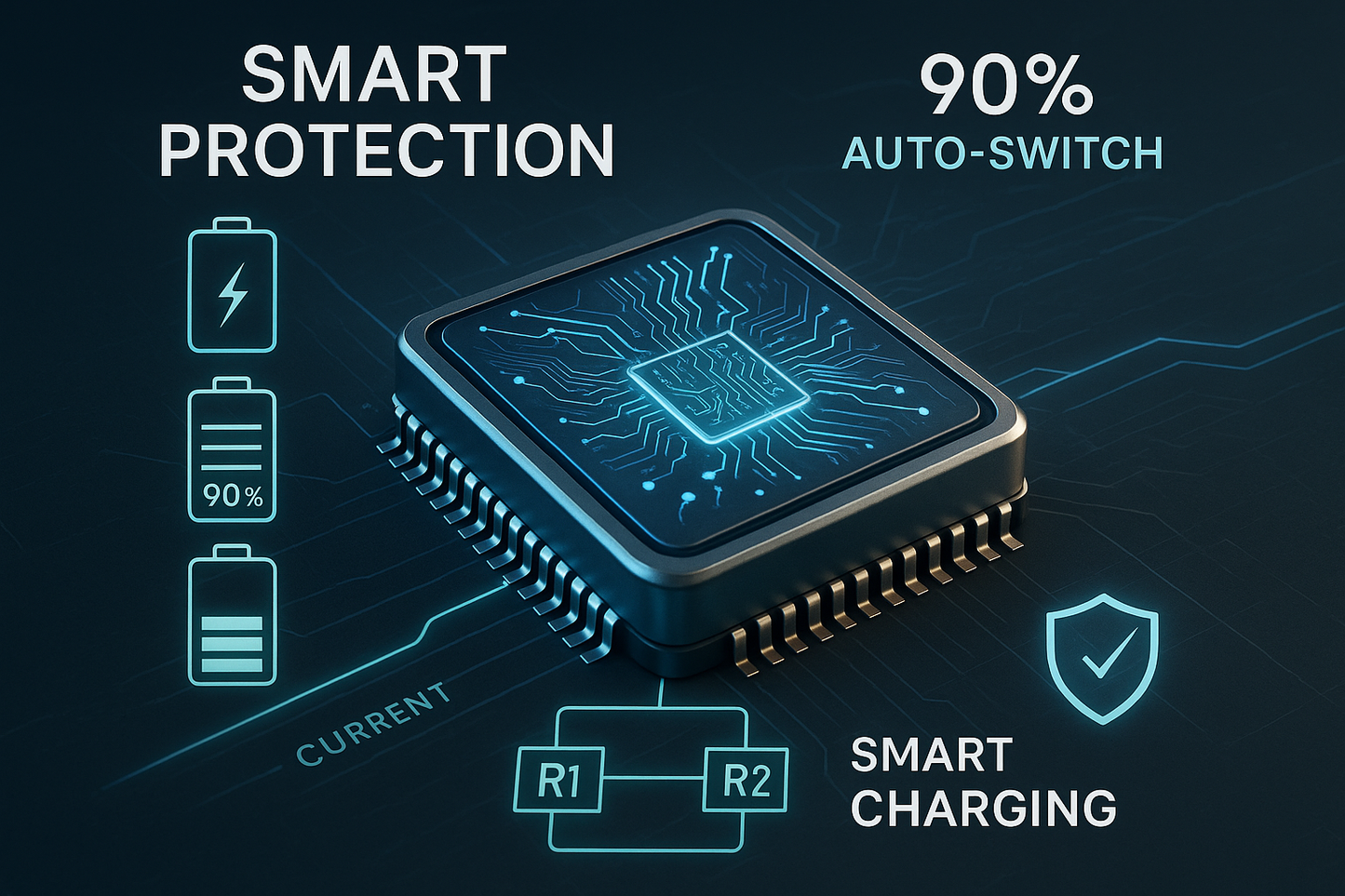 This image promotes an upgraded smart chip that automatically switches to trickle charging at 90% battery to protect devices, featuring steady current and dual resistors for safety.

