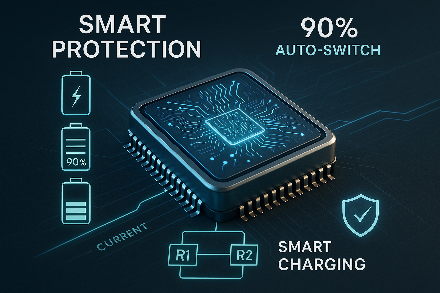 This image promotes an upgraded smart chip that automatically switches to trickle charging at 90% battery to protect devices, featuring steady current and dual resistors for safety.

